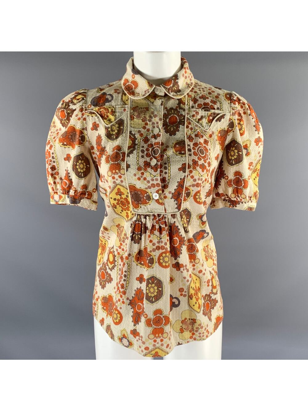 SEE By Chloe Size 8 Cream Rust Cotton Geometric Puff Shoulder Blouse